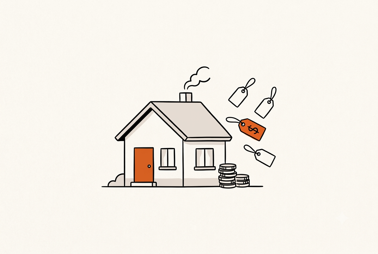 A house with price tags and coins